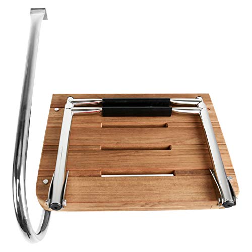 DasMarine Universal Outboard Teak Wooden Swim Platform Under Mount Fold Down 2 Step 316 Stainless Steel Ladder with Single Handrail(Mounting Screws are Included)