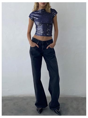 WDIRARA Women's Sequin Boat Neck Shirts Sparkle Glitter Backless Tee Cap Sleeve Crop Tops