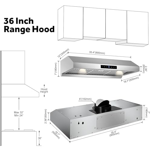 Image of 36 inch Range Hood Under Cabinet, 1200 CFM with 4-Speed Gesture Sensing & Touch Control, Stainless Steel Kitchen Stove Vent Hoods with 2 LED Lights, Time Setting, Dishwasher-Safe Baffle Filters