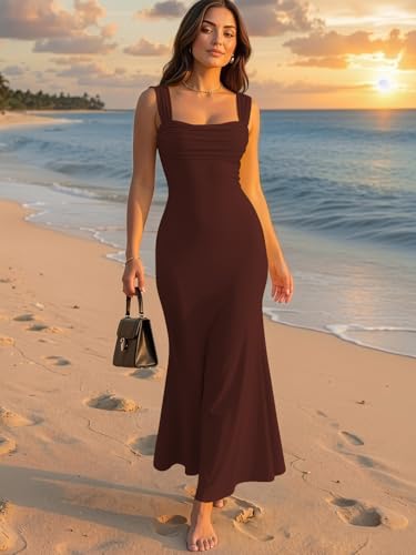 Image of Aahwan Solid Square Neck Bodycon Mermaid Hem Sleeveless Maxi Dress for Women's & Girl's