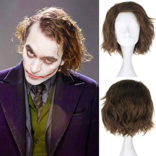 PORSMEER Mens Clown Joker Wig Curly Short Brown Wavy Cosplay Wig Halloween Costume Party Wigs Unisex