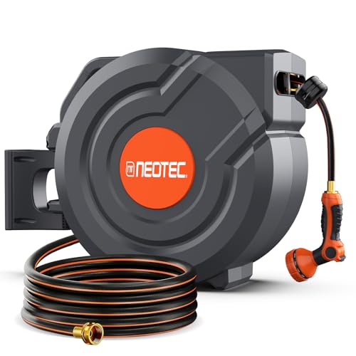 90FT Retractable Garden Hose Reel 5/8 Inch Automatic Slow Return & Any Length Lock Wall Mounted Heavy Duty Hose Reels for Outside with 9 Spray Nozzle 180 Swivel UV Resistant