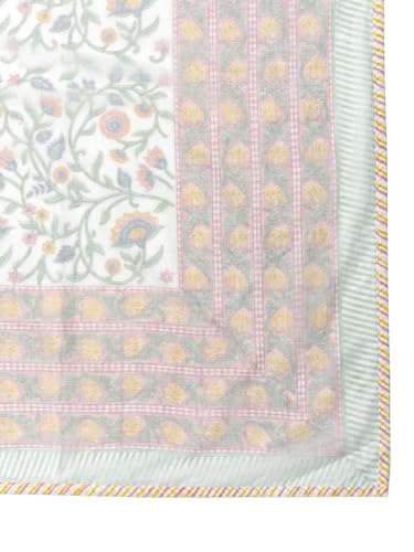 Image of Bagicha 100% Cotton Hand Block Floral Print Summer Muslin Dohar | 3-Layer Lightweight Reversible Blanket | Queen Bed Size A /c Comforter | Soft, Breathable, Quilt for Home, Bedroom (Multicolor)