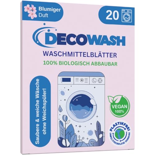 Waschmittelblätter (bis zu 40 Wäschen) – Waschmittel Blätter Ökologisch, Hypoallergen, Floralduft, Biologisch Abbaubar, Plastikfrei – Ideal für Empfindliche Haut, Hand- & Maschinenwäsche