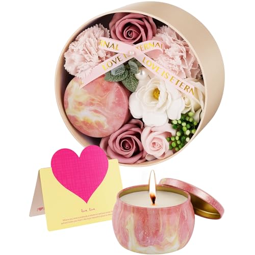 ANBET Femmes Savon Fleur Boîte Ronde avec Bougies Parfumées Rose Fleur Artificielle Coffret Cadeau Maman Personnalisé Anniversaire Fête des Mères Saint Valentin Noël (Rose pâle)