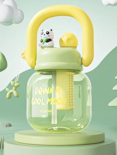 Image of Cute Panda Kids Water Bottle with Straw & Handle, Leakproof Sipper Bottle for Boys & Girls, BPA Free Plastic Unique Water Bottle for School, Travel & Daily Use (Lime Green)