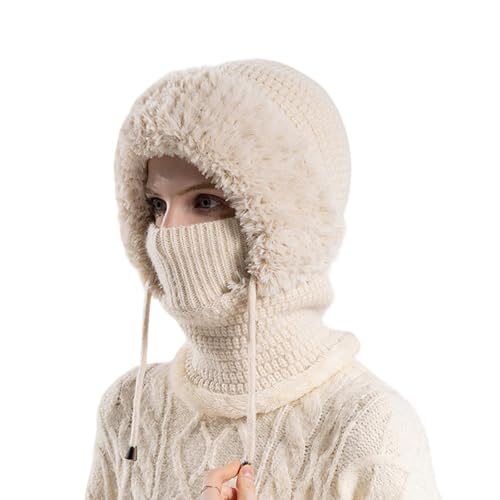 ANTUK 3 in 1 Beanie Hat for Women, Sherpa Hood Ski Mask, Fall Winter Warm Knitted Windproof Balaclava Scarf with Face Cover for Outdoor Skiing Hiking (Beige)