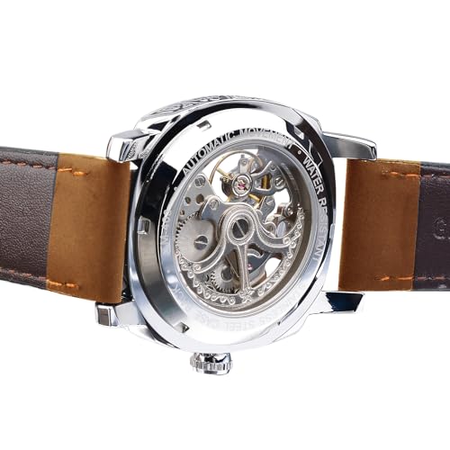 FORSINING Watches for Man, Square Retro Mechanical Watch Self-Wind Carved, Skeleton Automatic Watches Vintage Leather Strap Wristwatch
