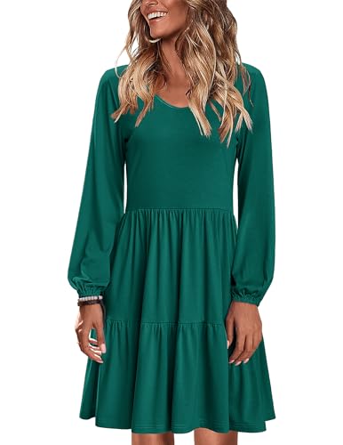HOTOUCH Women Casual Tunic Dress V Neck Tiered Dress Long Sleeve Fit Swing Shift Dress with Pockets Loose Ruffled Dresses