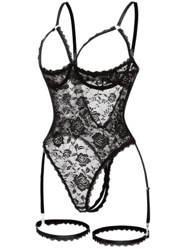 Women Sexy Floral Lace Teddy Lingerie Garter Belt Backless Bodysuit Set - image 1