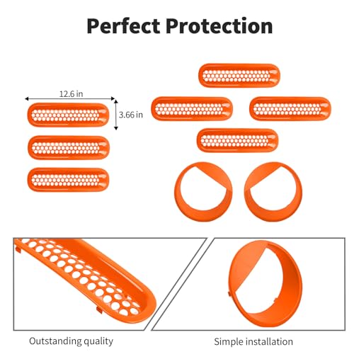 Image of JWWY Front Grille Insert Radiator Grille Grillwork Surround Assembly Inserts Headlight Headlamp Cover Trim Set Fit for 2007-2017 Jeep Wrangler JK JKU Exterior Accessories 9pcs Orange