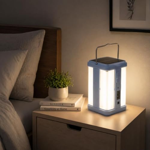 Image of Solar Rechargeable Emergency Light for Home | 4 Side Tube Lantern Lamp with 32 SMD LED, Battery Backup, Floor Light for Indoor & Outdoor Use (Blue)