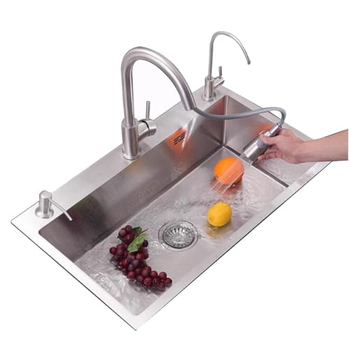 Évier de cuisine à une cuve anti-éclaboussures en acier inoxydable et son robinet extractible