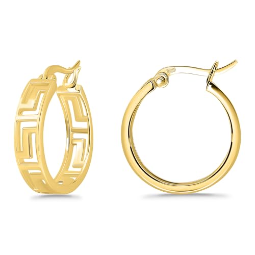Hoops & Loops 925 Sterling Silver Greek Key Round Click-Top Hoop Earrings for Women, 15mm, 20mm | Silver, Yellow Gold, Rose Gold
