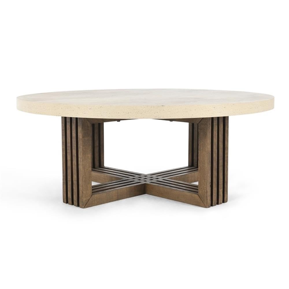 Condition photo showing New/Like New for  aspen 47" round wood coffee table distressed brown/antique white