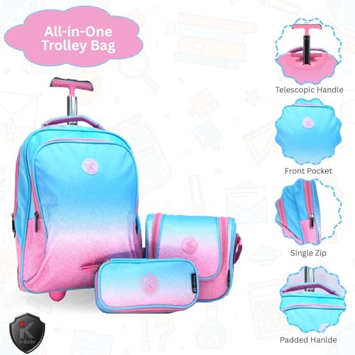 Image of i-kola 3pcs Kids Rolling School Bag Set - 16″ Trolley Backpack with Wheels, Spill-Proof Lunch Bag & Pencil Case - Telescopic Handle, Bottle Holder, L-Shaped Smooth Wheels, IKOLA - BLUEISH PINK, 16