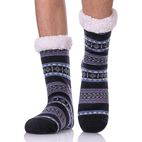 LANLEO Men's Fuzzy Ripple Slipper Socks Super Soft Warm Fleece Lining Knit Non Slip Winter Socks Dark Blue Cover