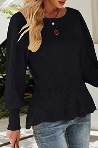 Womens Fall Puff Sleeve Peplum Casual Slim Fit Knit Pullover Sweater Jumper Tops3