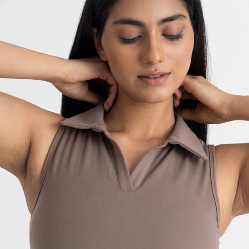 Image of HUNNIT 2 in 1 Sports Bra Crop Top - women's Polo Neck and Racerback styles with Medium Coverage, Lightly Padded, Stretchy Sports Bra perfect for Gym Workout and Sweat Wicking Fabric