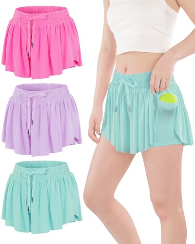 Girls Butterfly Shorts Flowy Shorts with Pocket 2-in-1 Dance Athletic Shorts for Girl 7-14 Years
