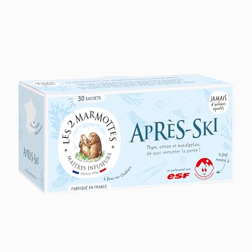 Les 2 Marmottes - Infusion Après-Ski 30 sachets - Thym, Citron et Eucalyptus - Réconfortant et respirant - Made In France - Sans arômes ajoutés - 45g, 1 Unité (Lot de 1)