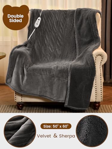 Image of Bearhug Electric Blanket Throw Size, 50 inch x 60 inch Heated Blanket with 6 Heating Levels & 4H Auto Shut-Off, Machine Washable Soft Velvet to Sherpa Reversible Heated Throw for Office, Couch and Sofa, Gray