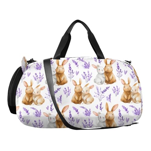 Duffle Bag for Boys or Girls with Shoes Compartment, Lavender Bunny Pattern Sports Travel Bag Overnight2