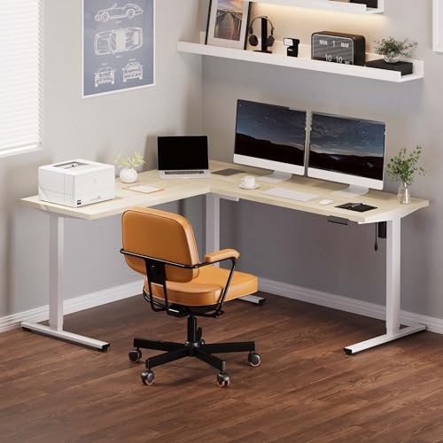 Image of FLEXISPOT L Shaped Standing Desk, 71 x 63 Inch Electric Height Adjustable Corner Desk, Sit Stand Computer Workstation, Preset Controller, Home Office, White Frame with Maple Top