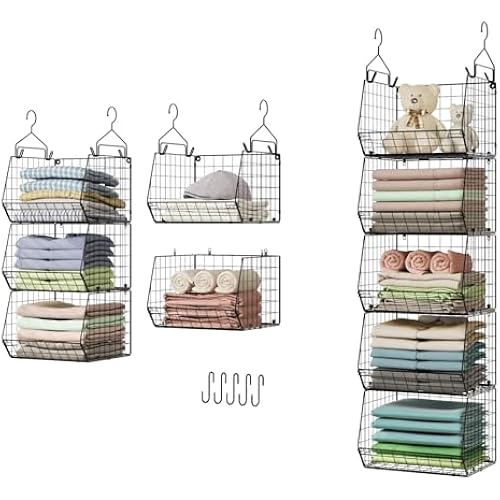 X-cosrack 5 Tier Closet Hanging Organizer, Clothes Hanging Shelves with 4 Hanging Hooks 5 S Hooks, Wire Storage Basket Bins, for Clothing Sweaters Shoes Handbags Clutches Accessories Patent Design