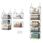 5 Tier Closet Hanging Organizer, Clothes Hanging Shelves with 4 Hanging Hooks 5 S Hooks, Wire Storage Basket Bins, for Clothing Sweaters Shoes Handbags Clutches Accessories Patent Design