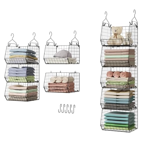 5 Tier Closet Hanging Organizer, Clothes Hanging Shelves with 4 Hanging Hooks 5 S Hooks, Wire Storage Basket Bins, for Clothing Sweaters Shoes Handbags Clutches Accessories Patent Design by X-cosrack - Used condition - US$33.99