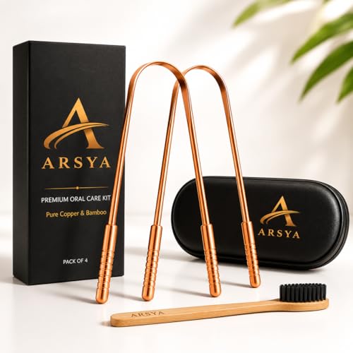 ARSYA Copper Tongue Scraper Set for Adults 4-Piece Oral Care Kit