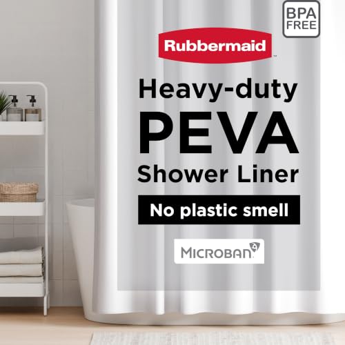 Image of Rubbermaid White Shower Curtain Liner, Waterproof Heavyweight 8g PEVA Shower Liner for Bathroom, with Weighted Magnets and Rustproof Black Grommets, 70x72, Standard Size, White