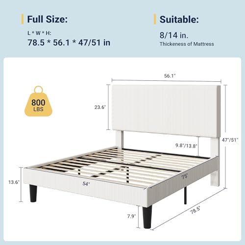 Image of Allewie Full Bed Frame, Corduroy Tufted Headboard, White | Soft Corduroy Fabric, Adjustable Headboard, 800 lb Capacity, Wooden Slats, No Box Spring Needed, Easy Assembly