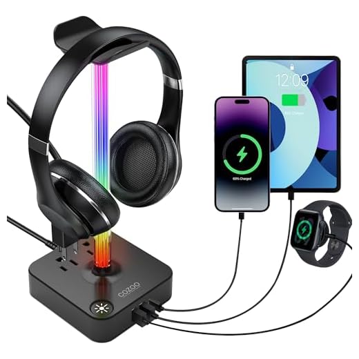RGB Headphone Stand with USB Charger COZOO Desktop Gaming Headset Holder Hanger with 3 USB Charger and 2 Outlets - Suitable for Gaming, DJ, Wireless Earphone Display,Game Accessories Boyfriend Gifts