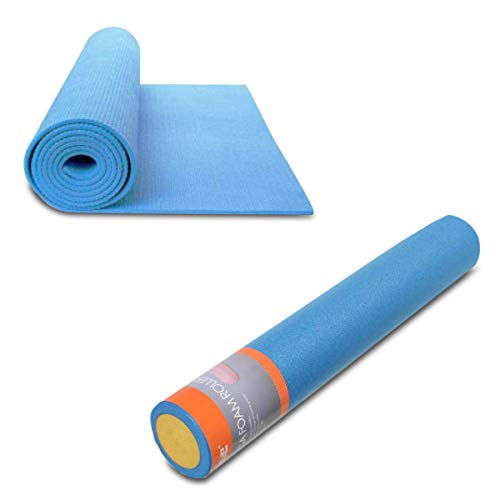 Rolo de Yoga e Pilates 90x15cm LIVEUP LS3764A + Colchonete de Yoga em EVA LiveUp LS3231B