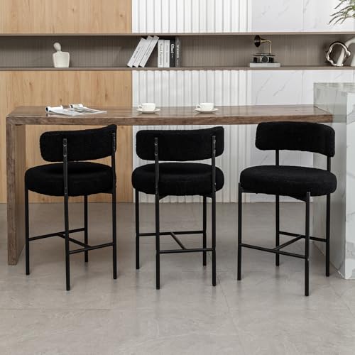 Butacos de altura para barra, set de 3 unidades, diseño moderno con respaldo curvo, tapizados en bouclé negro, para isla de cocina, comedor, café o pub miniatura 1