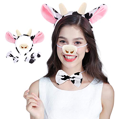 Cow Ears Headband, Nose, Bowtie and Tail Costume Kit 4 Pieces Set Halloween Christmas Costume for adults and kids