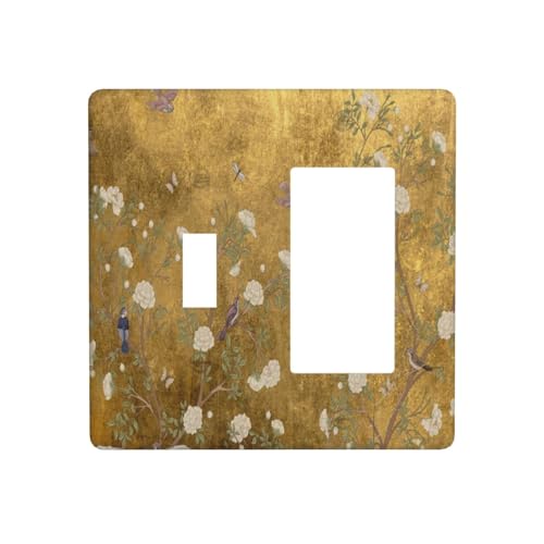 Decorative Outlet Covers Vintage White Flowers Birds on Golden Background 2 Gang Outlet Cover Wall Plate Single Toggle Rocker Light Switch Cover Plate Switch Plate Covers