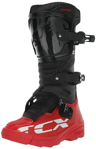 TCX - Comp Kid, Bottes de Motocross pour Enfants, Tige en Microfibre, 3 Boucles Fermeture en Polyuréthane avec Réglage Micrométrique et Velcro, Noir/Rouge