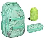 neoxx Active Schulrucksack Mint 3tlg. Set mit Schlamper-Box und Regenschutz-Hülle | Rucksack für die Schule | ergonomischer Schulranzen aus recycelten PET Flaschen | Schultasche 5. bis 12. Klasse