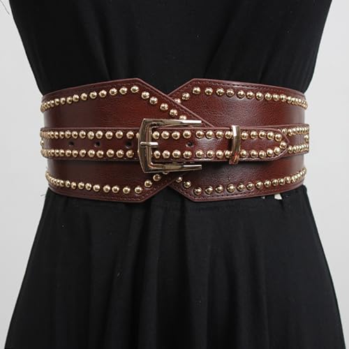 Women Elastic Wide Punk Style Studded Belt PU Leather Rivet Cinch Waist Belt3