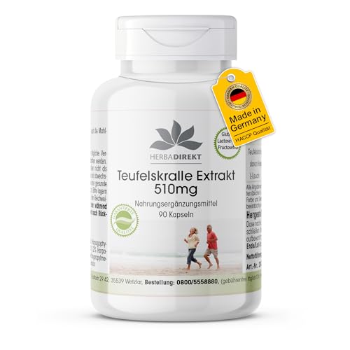 Teufelskralle Extrakt - 510mg - 90 Kapseln - schluckfreundlich - vegan - hochdosiert | HERBADIREKT by Warnke Vitalstoffe - Deutsche Apothekenqualität