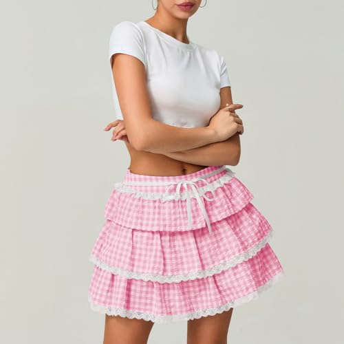 Women Y2K Plaid Pleated Mini Skirts Lace Trim Flowy A-line Layered Gingham Short Skirts Cute Ruffle Going Out Skirts3
