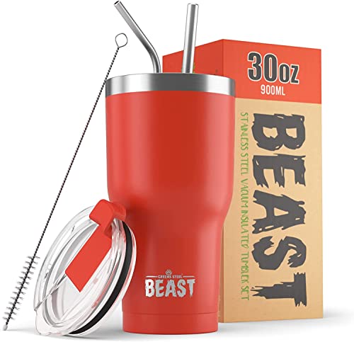 Image of Beast 30oz Red Insulated Reusable Tumbler- BPA Free | Stainless Steel Coffee Cup with Lid,2 Straws,Brush & Gift Box