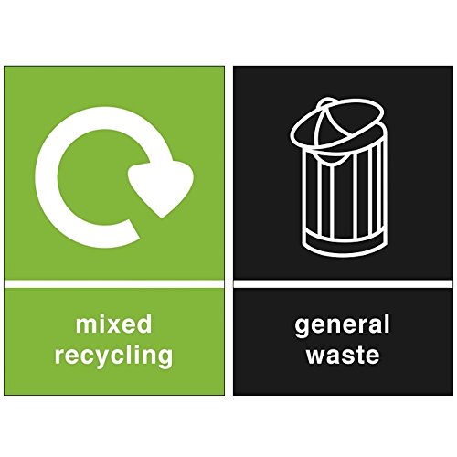 Grizzly Recycling Bin Stickers - Self Adhesive PVC - Pack of 2 Signs - General Waste and Mixed Recycling - 150mm x 100mm - Black and Green