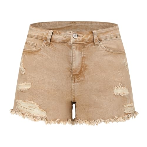 Image of THUNDER STAR Women Mid Rise Ripped Stretchy Jeans Shorts Frayed Raw Hem Casual Denim Shorts