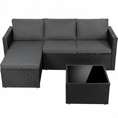 Shintenchi 4 Pieces Patio Furniture Set, Outddor Sectional Sofa & Chaise Lounge, All-Weather Wicker Rattan Sofa Couch with Cushions & Coffee Table for Yard, Garden, Porch, Poolside (Gray)