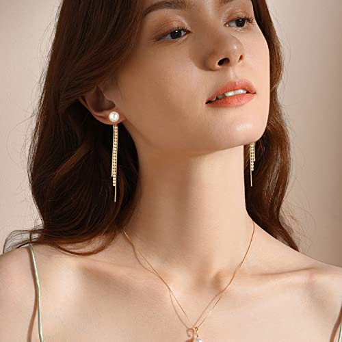 Long Pearl Dangle Earrings For Women, 14K Gold Plated Chain Stud Earring Hypoallergenic Wedding Bridal Tassel Cubic Zirconia Earrings (Style-A) #TOP1