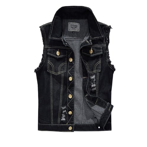 Only Faith Men's Black Jeans Vest Fashion Sleeveless Denim Jacket With Holes